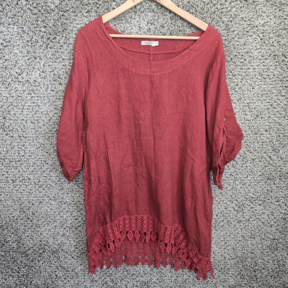 Lungo L'arno Top Womens Plus 1X Red Linen Scoop Neck Tunic Roll Tab Sleeve